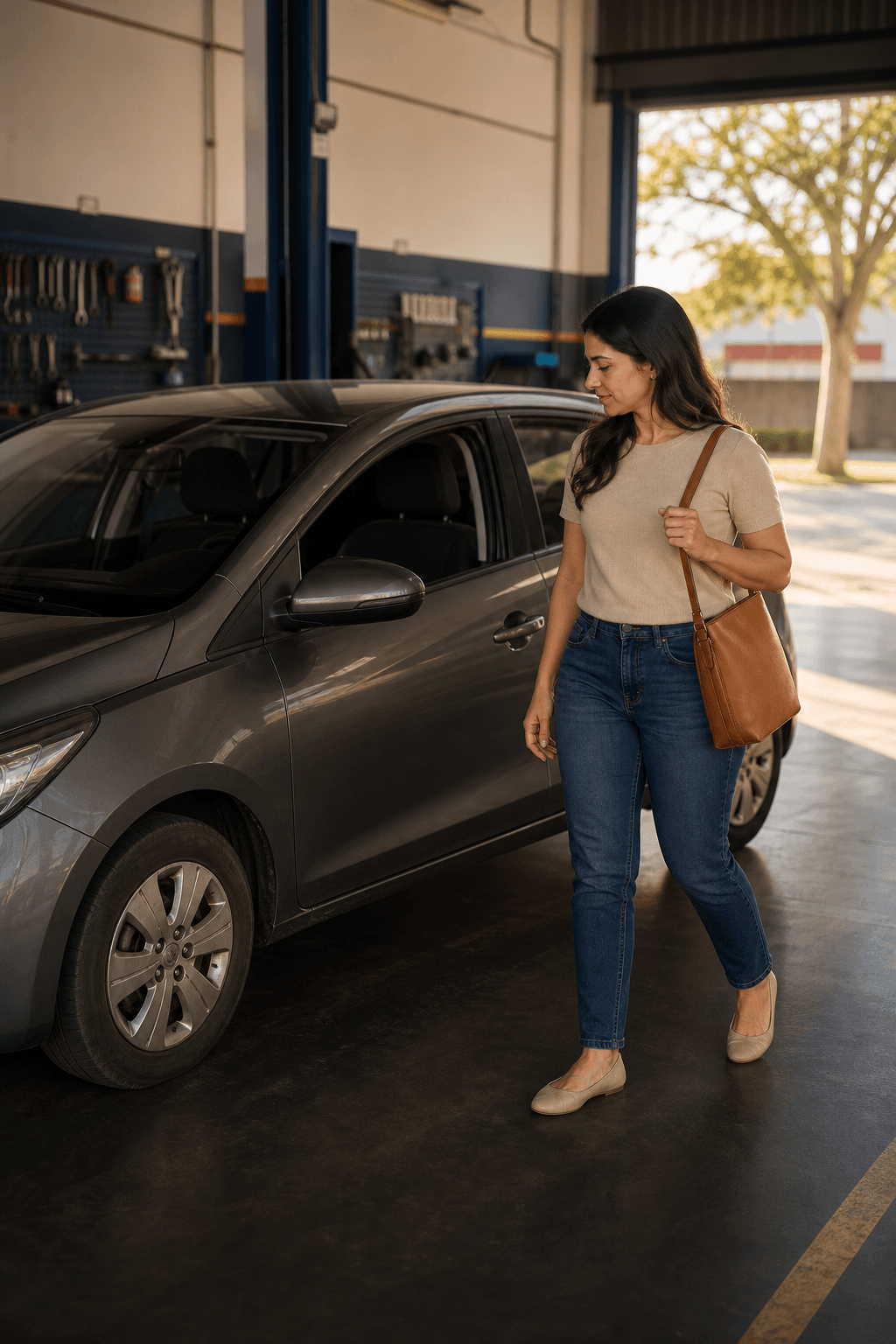 Cliente ao lado de um carro na oficina